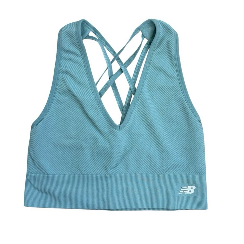 New Balance Women's Size Large Blue Racerback Nylon Logo Sports Bra Cropped Top